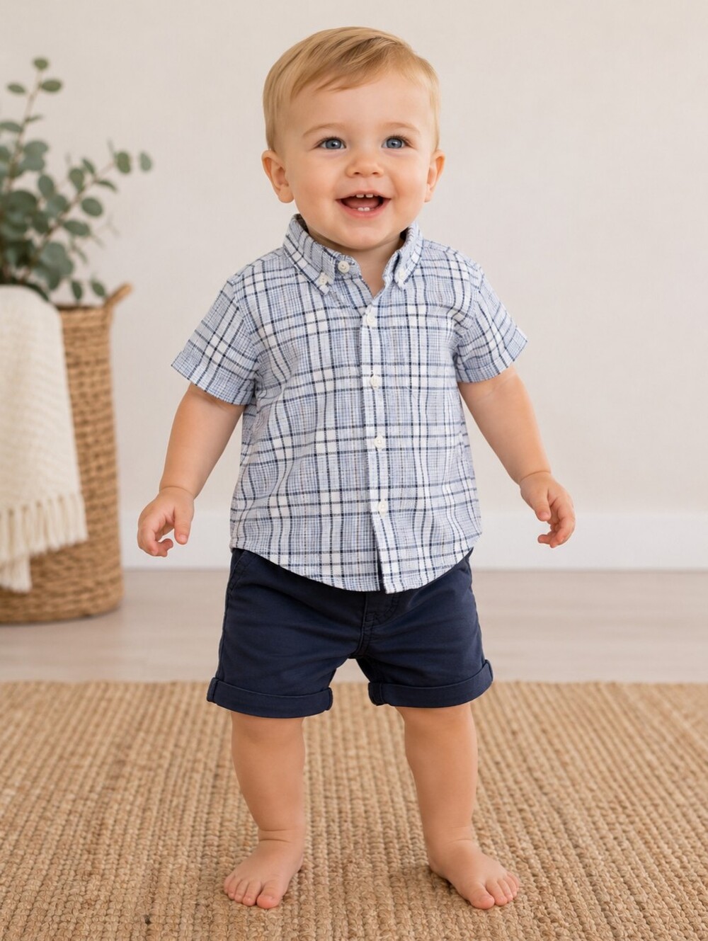 Janie and Jack Short Sleeve Plaid Seersucker Shirt Preppy Size 18 to 24 Months